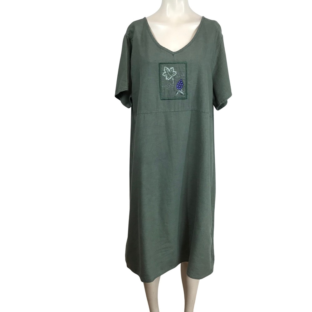 Erika Collection Linen Blend Embroidered Leaf Grape V Neck Midi Dress Size XL